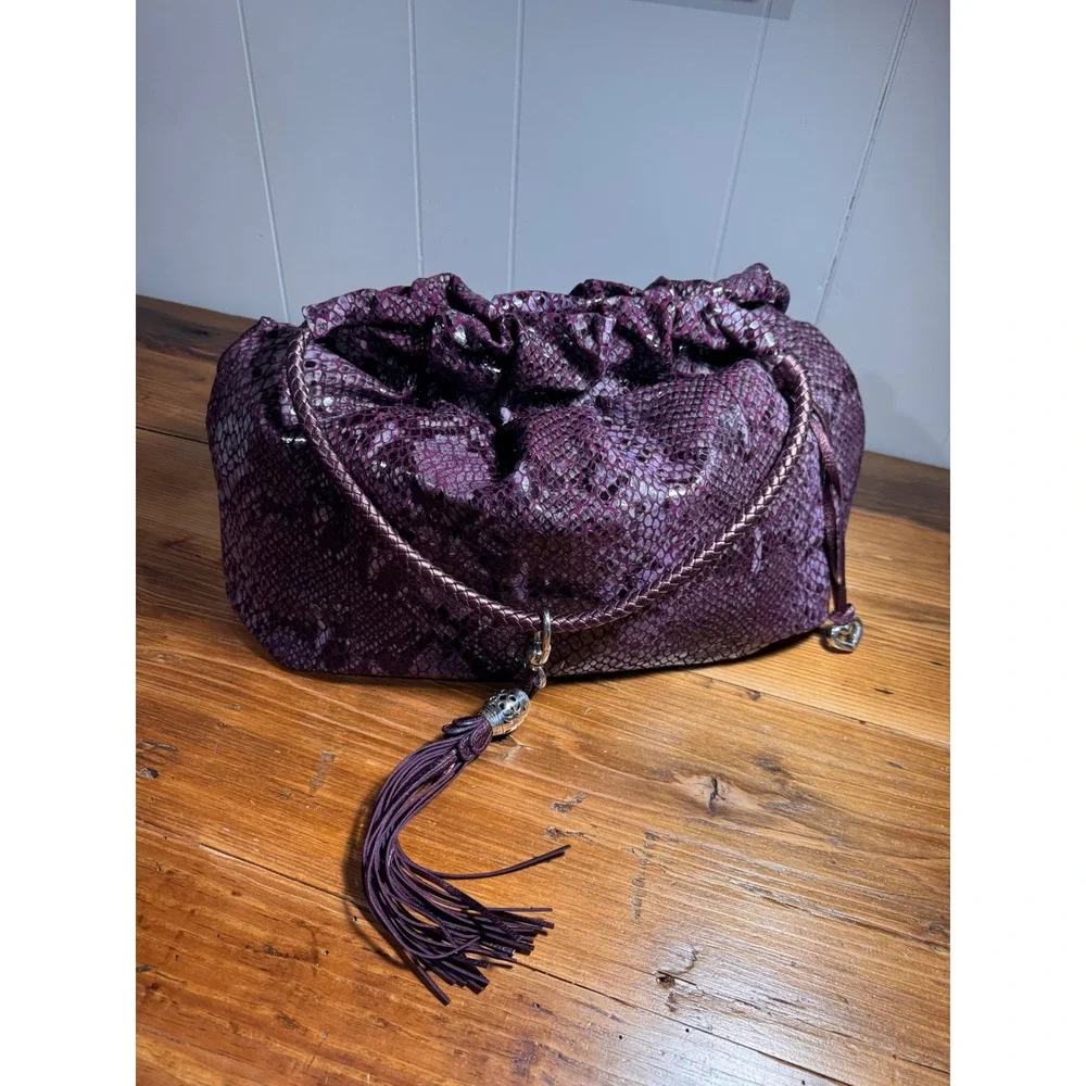Brighton Nolita Metallic Purple Python Snakeskin Slouchy Leather Hobo Bag Tassel